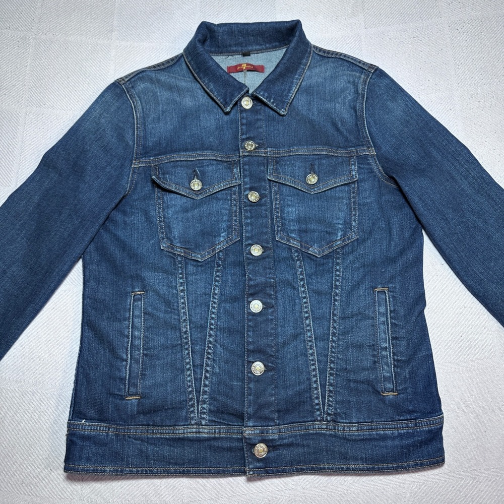 7 For All Mankind Classic Denim Jacket Womens Medium Trucker Stretch Dark Wash - Picture 2 of 14